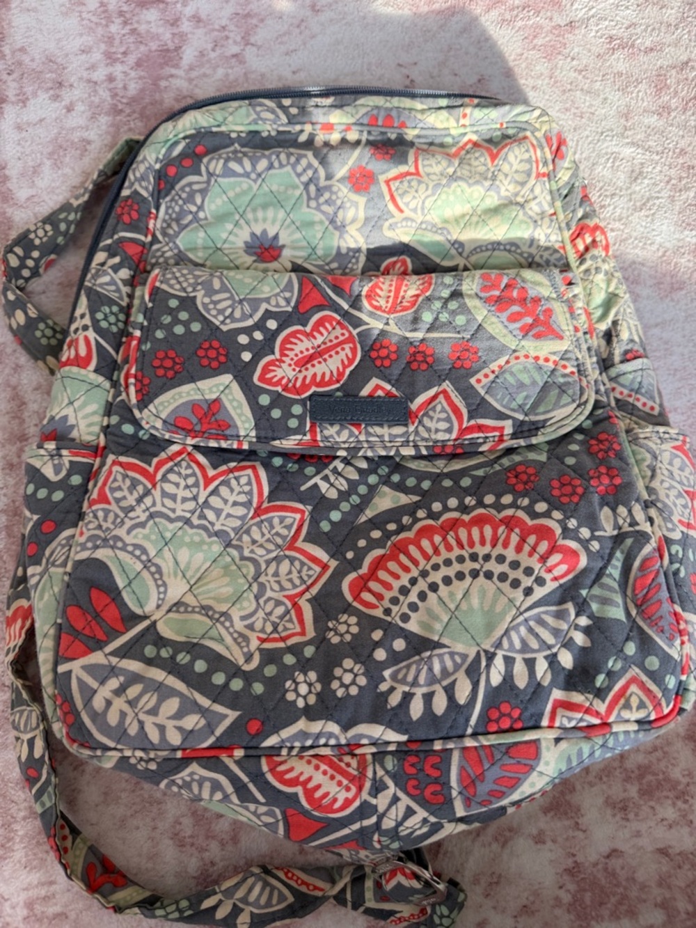 Vera Bradley Quilted Floral Backpack in Gray, Red & Mint
